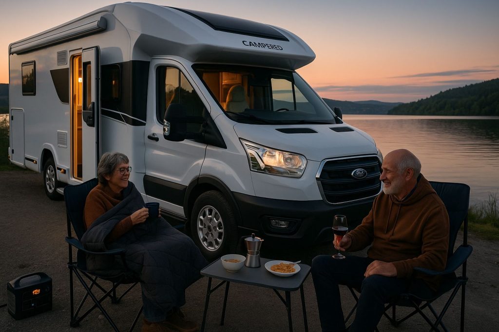 Oud stel met camper aan Noors meer – pannenkoeken, dagboek en koffie tijdens camperreis Noorwegen